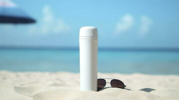 Blank empty white plastic tube. Sunscreen lotion on a sandy beach, summer composition with sunglasses, blue sea as background, copy space. Summer vacation and skin care concept, AI Generative photo