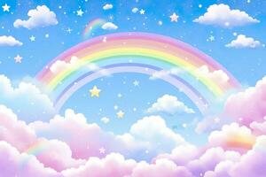 Fantasy sky rainbow. Fairy skies rainbows colors, magic landscape and dream sky. Generate Ai photo