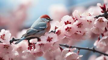 aves sentado en un árbol lleno con Cereza florecer flores generativo ai foto