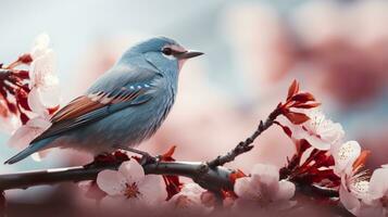 aves sentado en un árbol lleno con Cereza florecer flores generativo ai foto