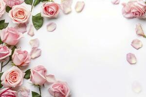 Close up of blooming pink roses flowers and petals isolated on white table background. Floral frame composition. Decorative web banner. Empty space, flat lay, top view. AI Generative photo