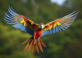 Flying macaw, beautiful bird. Generative AI photo