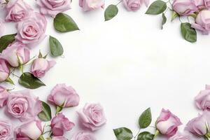 Close up of blooming pink roses flowers and petals isolated on white table background. Floral frame composition. Decorative web banner. Empty space, flat lay, top view. AI Generative photo