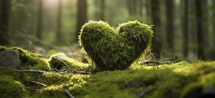 Closeup of wooden heart on moss. Natural burial grave in the woods. Generative AI photo