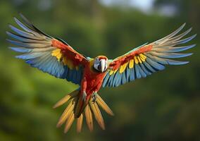 Flying macaw, beautiful bird. Generative AI photo