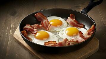 Bacon and eggs in a pan. Composition with tasty fried eggs and bacon on wooden table. AI Generative photo