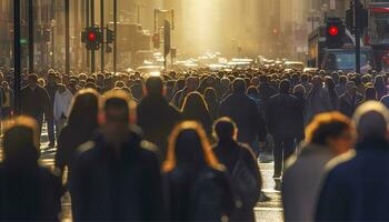 Crowd of people walking busy city street backlit. Generative AI photo