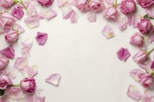 Close up of blooming pink roses flowers and petals isolated on white table background. Floral frame composition. Decorative web banner. Empty space, flat lay, top view. AI Generative photo