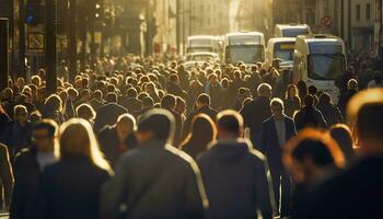 Crowd of people walking busy city street backlit. Generative AI photo