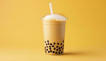 A bubble tea in a plastic cup. Generative AI photo