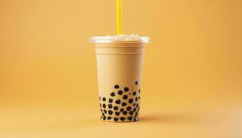 A bubble tea in a plastic cup. Generative AI photo