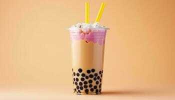 A bubble tea in a plastic cup. Generative AI photo