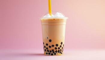 A bubble tea in a plastic cup. Generative AI photo