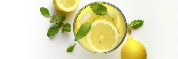 limonada en un vaso con Fresco limones y menta. frío verano bebida con Copiar espacio. generativo ai foto