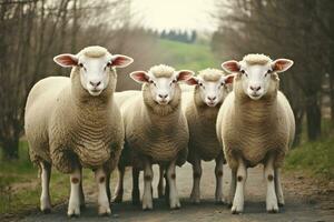 un grupo de oveja en pie al aire libre. generativo ai foto