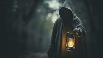 A hooded figure with a lantern searching for something. Generative AI photo