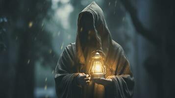 A hooded figure with a lantern searching for something. Generative AI photo