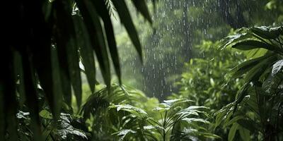 Rain falls in a rainforest with the rain drops. Generative AI photo