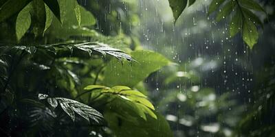 Rain falls in a rainforest with the rain drops. Generative AI photo
