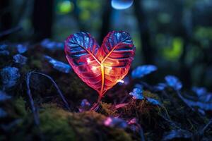 Glowing bioluminescent plant shaped like a human heart, in a mysterious forest. Generative AI photo