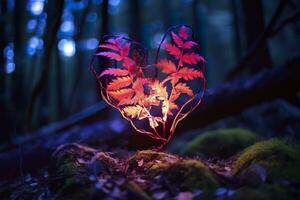 Glowing bioluminescent plant shaped like a human heart, in a mysterious forest. Generative AI photo