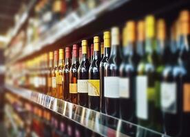 Abstract blur wine bottles on liquor alcohol shelves in supermarket store background. Generative AI photo