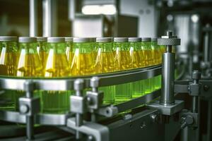 Conveyor belt, Beverage factory of fruit juice product for processing and bottling. AI Generative photo