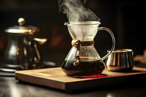 An alternative coffee brewing method is pure over, a glass teapot on a wooden tray. Generative AI photo