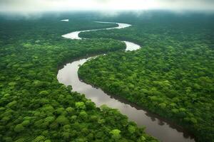 aéreo ver de el amazonas selva paisaje con río doblar. generativo ai foto