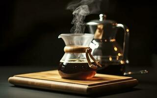 An alternative coffee brewing method is pure over, a glass teapot on a wooden tray. Generative AI photo