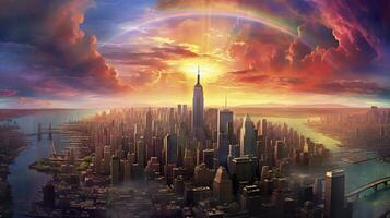 Rainbo sky over futuristic city. Generative AI photo