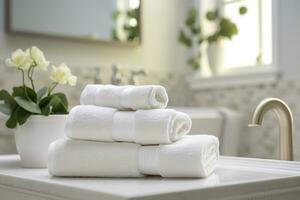 The world's softest towels against a minimalistic background. Stacked white towels sit on top of a soap dish in a bathroom. AI Generative photo