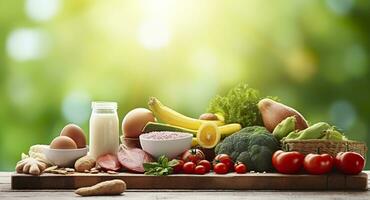 Closeup of vegetables, fruits, and meat on wooden table over green natural background. Generative AI photo