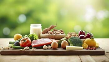 Closeup of vegetables, fruits, and meat on wooden table over green natural background. Generative AI photo