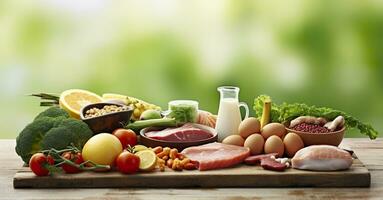 Closeup of vegetables, fruits, and meat on wooden table over green natural background. Generative AI photo