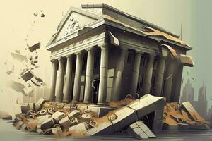 Bank collapse. A bank or financial institution, going down failing or collapsing. Generative AI photo