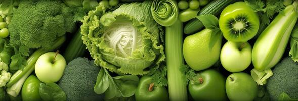 Banner layout of green fruits and vegetables. Generative AI. photo