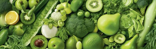 Banner layout of green fruits and vegetables. Generative AI. photo