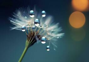 Beautiful dew drops on a dandelion seed macro. Beautiful blue background. Generative AI photo