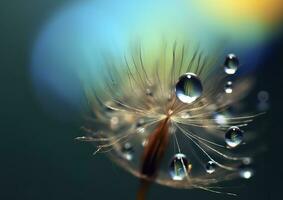 hermosa Rocío gotas en un diente de león semilla macro. hermosa azul antecedentes. generativo ai foto