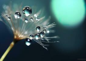 Beautiful dew drops on a dandelion seed macro. Beautiful blue background. Generative AI photo