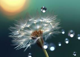 Beautiful dew drops on a dandelion seed macro. Beautiful blue background. Generative AI photo