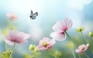 Fresco primavera Mañana en naturaleza y revoloteando mariposas en un suave verde antecedentes. generativo ai foto