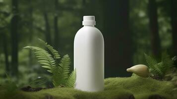 natural cosmetic product presentation backstage. outdoors forest placement. white blank jar shampoo bottle. 3d. AI Generative photo