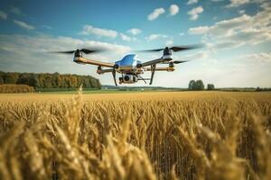 Drone monitoring crops and smart agriculture in a digital farming.  AI Generative photo