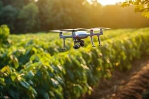 Drone monitoring crops and smart agriculture in a digital farming.  AI Generative photo