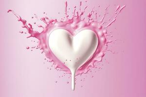 Pink heart shape milk splash, romantic food symbol for Valentines day, AI Generative photo