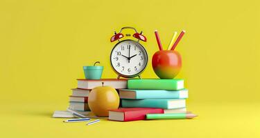 popular Arte ilustración de colegio accesorios con manzanas, libros, y un alarma reloj en el colegio antecedentes. espalda a colegio concepto. 3d representación, ai generativo foto