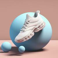 Deportes Zapatos con un pelota, limpiar y sencillo fondo, brillante ligero azul antecedentes color, ai generativo foto