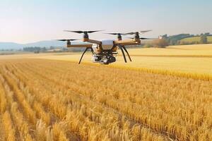 Drone monitoring crops and smart agriculture in a digital farming.  AI Generative photo